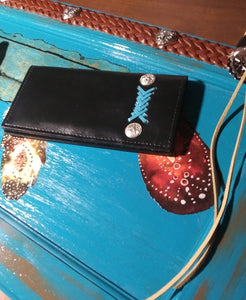 Checkbook Cover - Black Leather with Turquoise Latigo Lace