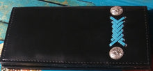 Load image into Gallery viewer, Checkbook Cover - Black Leather with Turquoise Latigo Lace