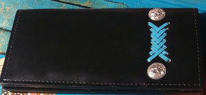 Checkbook Cover - Black Leather with Turquoise Latigo Lace