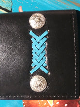 Load image into Gallery viewer, Checkbook Cover - Black Leather with Turquoise Latigo Lace