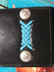 Checkbook Cover - Black Leather with Turquoise Latigo Lace