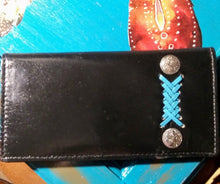 Load image into Gallery viewer, Checkbook Cover - Black Leather with Turquoise Latigo Lace